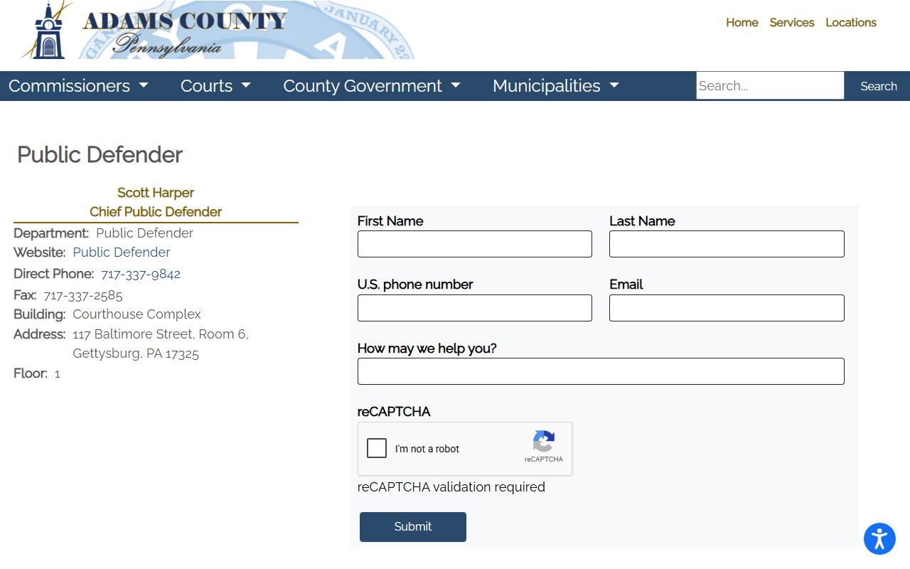 Adams County arrest records and court charges Chief Public Defender contact