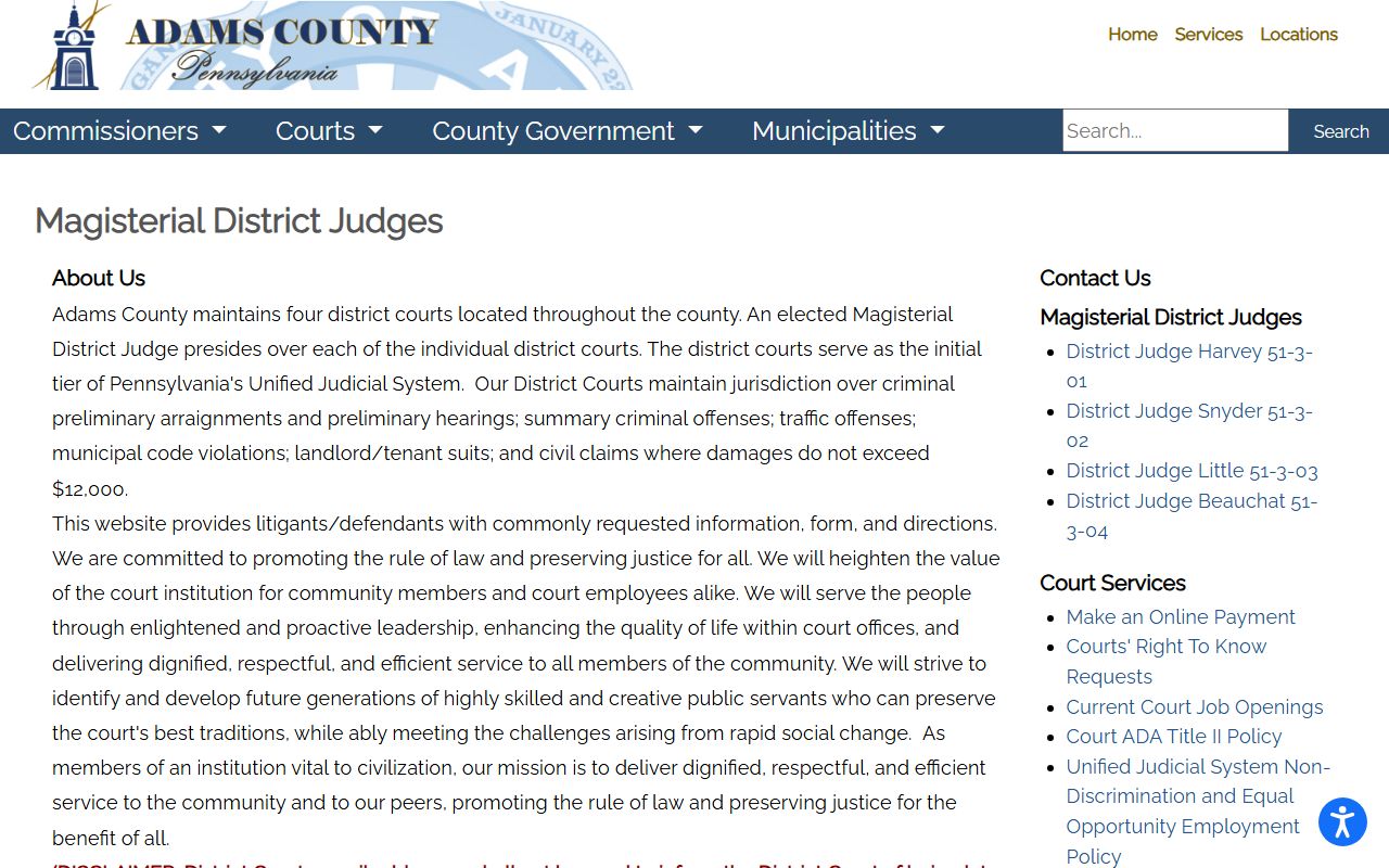 Adams County court dockets Magisterial District Judges overview