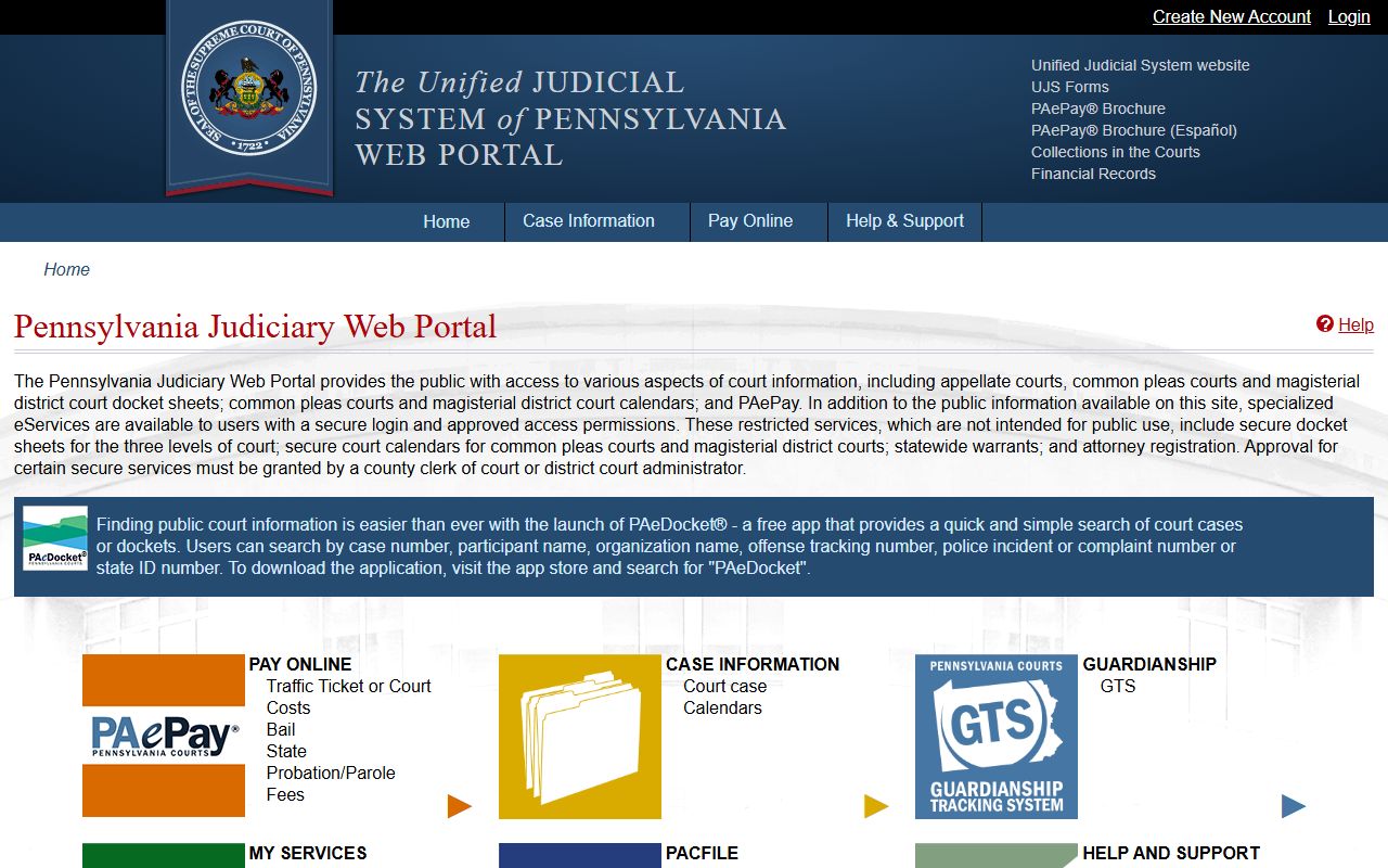 Adams County court dockets UJS portal and PAePay page