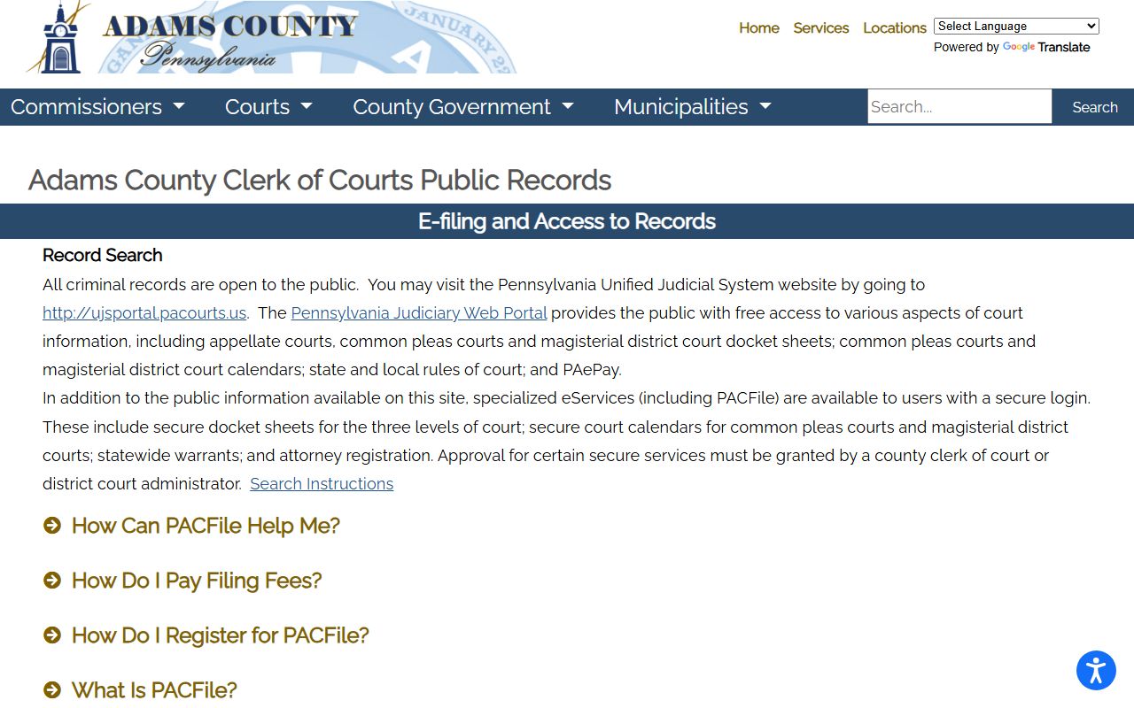Adams County court records Clerk access and PACFile page