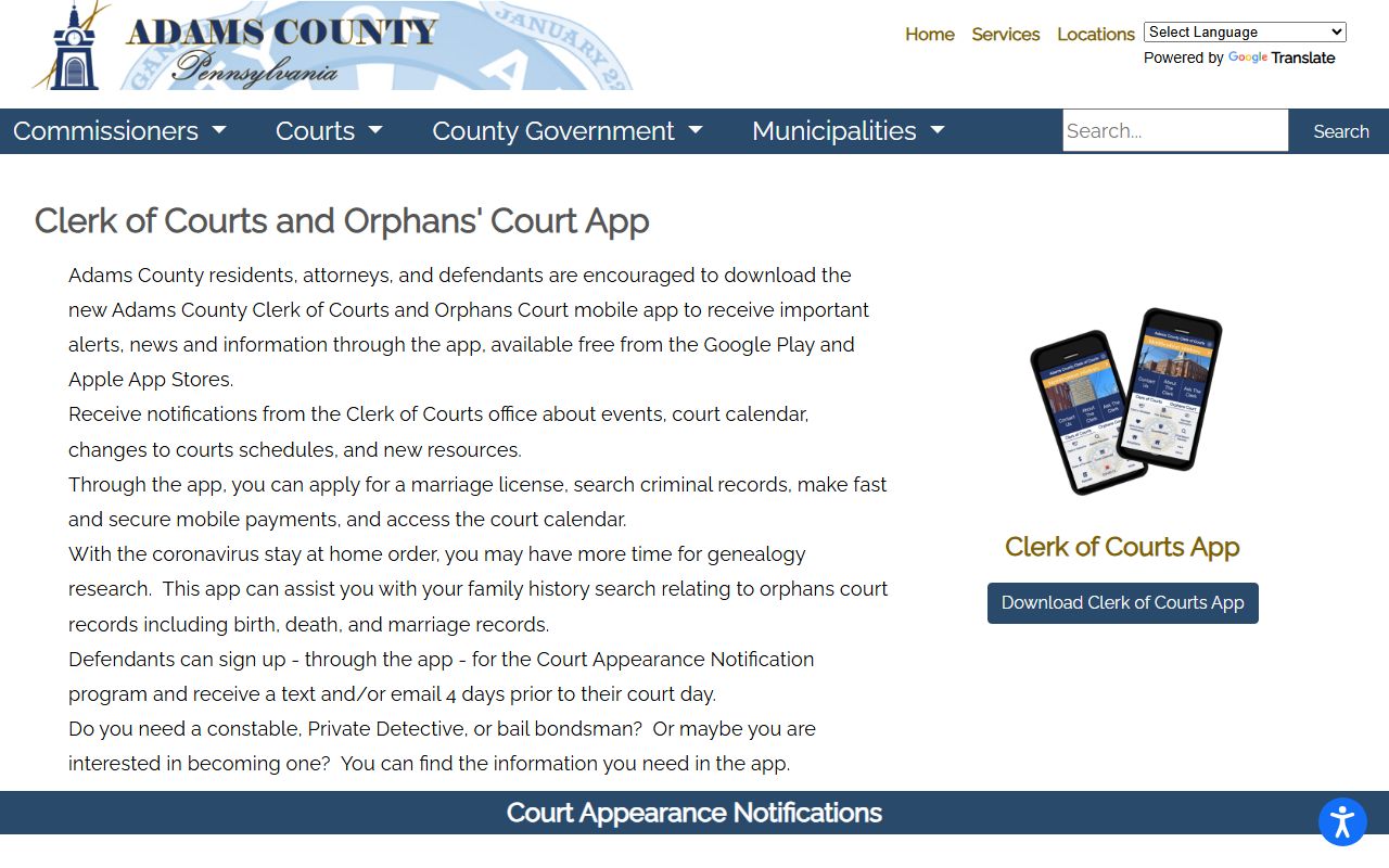 Adams County court records Clerk and Orphans Court app page