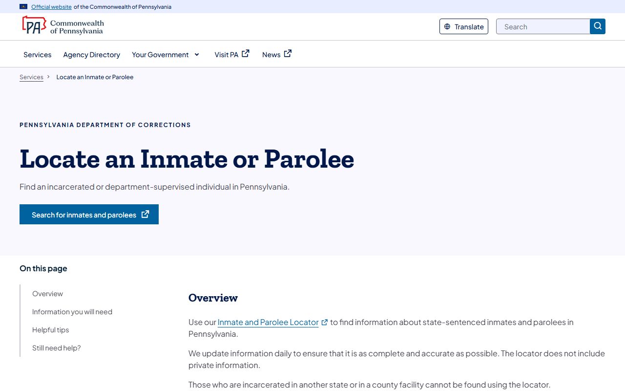 Adams County inmate records PA DOC inmate and parolee locator