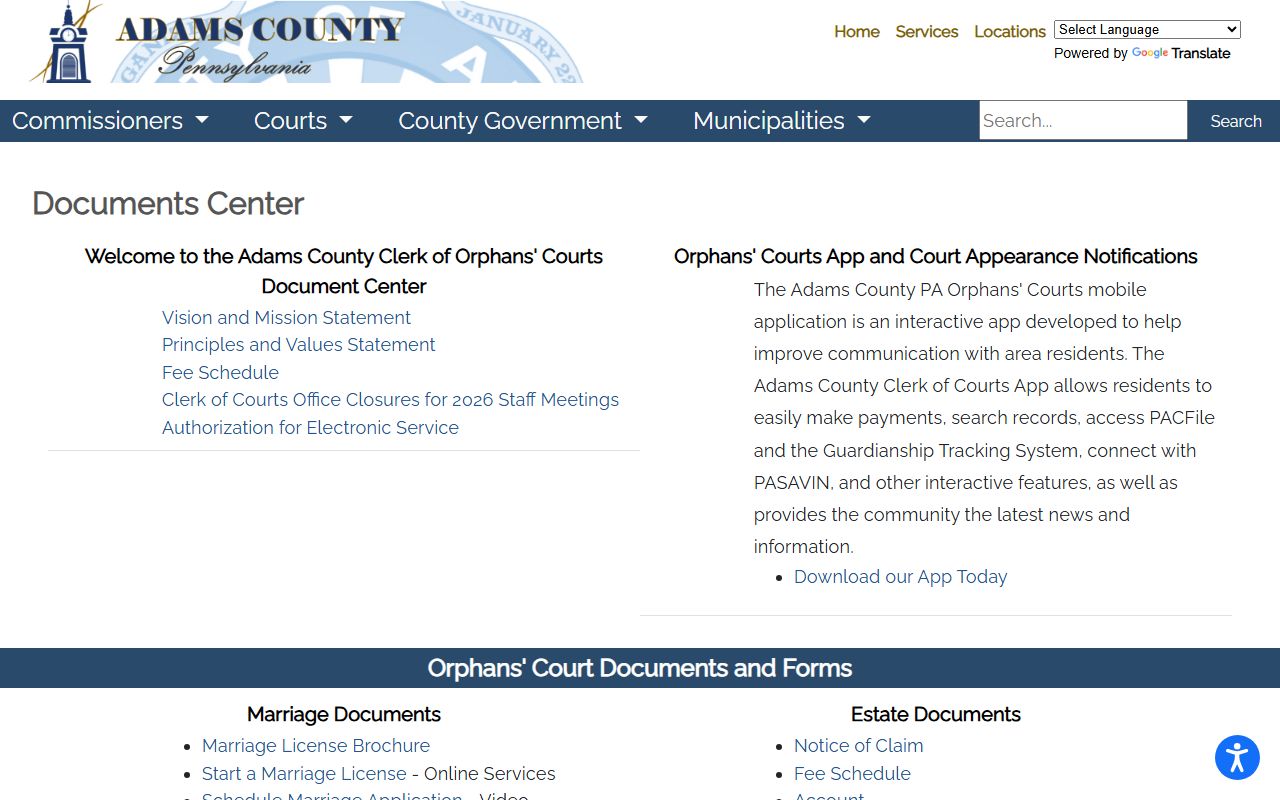 Adams County probate records Orphans' Court documents and forms