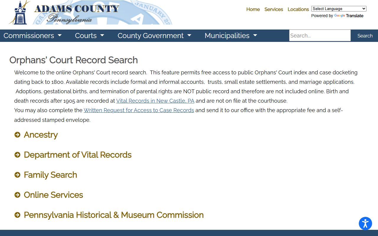 Adams County probate records Orphans' Court case search