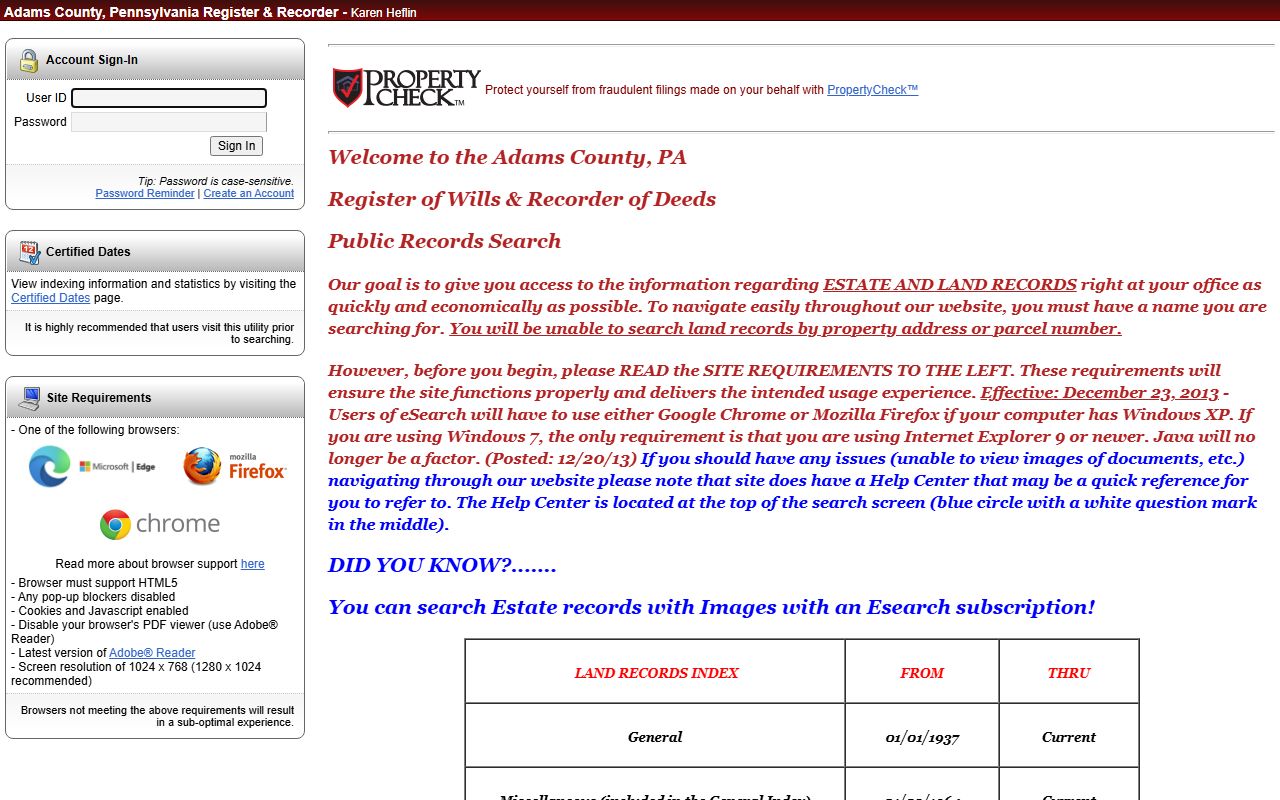Adams County probate records Register of Wills eSearch portal