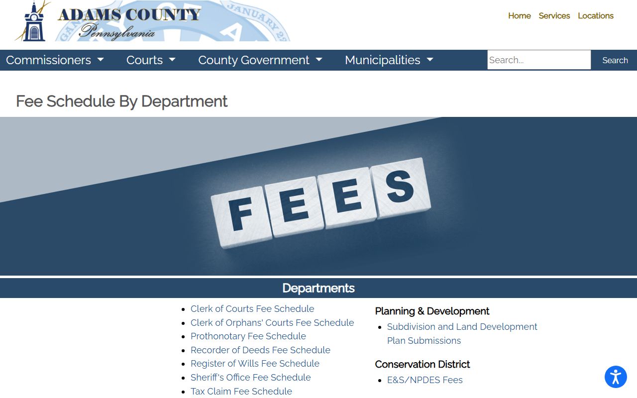 Adams County traffic court records county fee schedule page