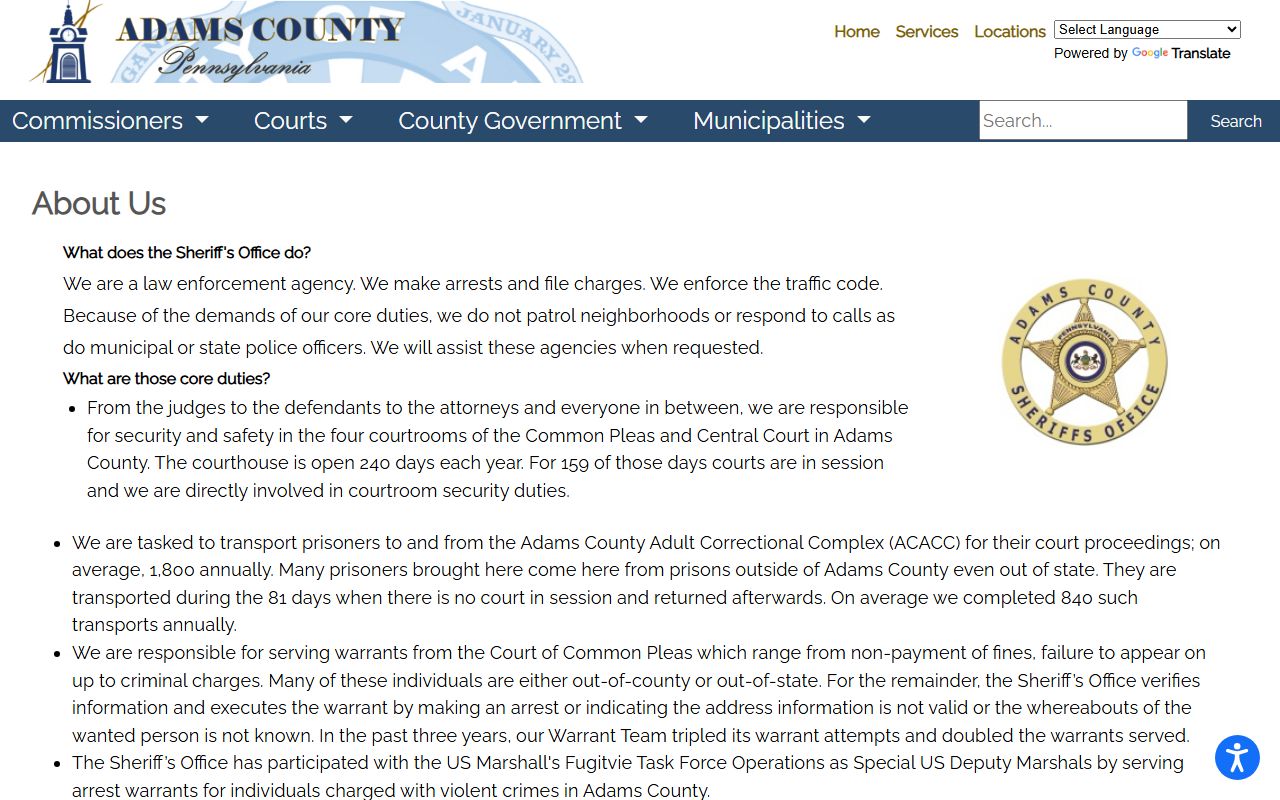 Adams County warrant records Sheriff warrant duties